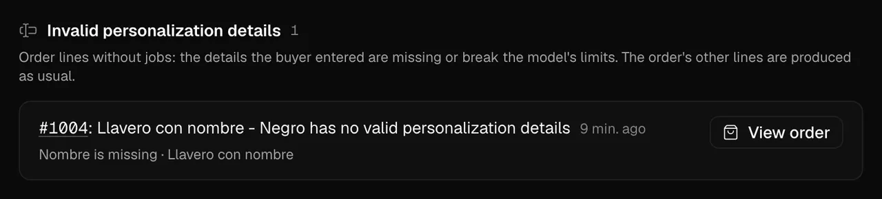 An alert in the app: an order line is missing the name the buyer enters, so it creates no jobs; the order's other lines are produced as usual.