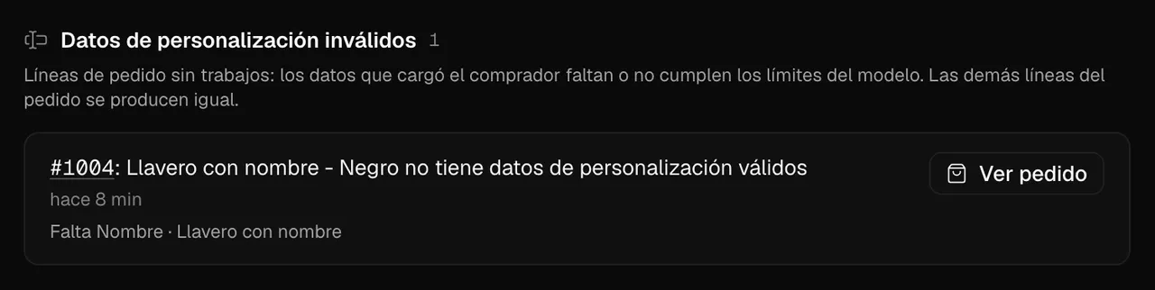 Una alerta de la app: a una línea de un pedido le falta el nombre que carga el comprador, así que no genera trabajos; las demás líneas se producen igual.