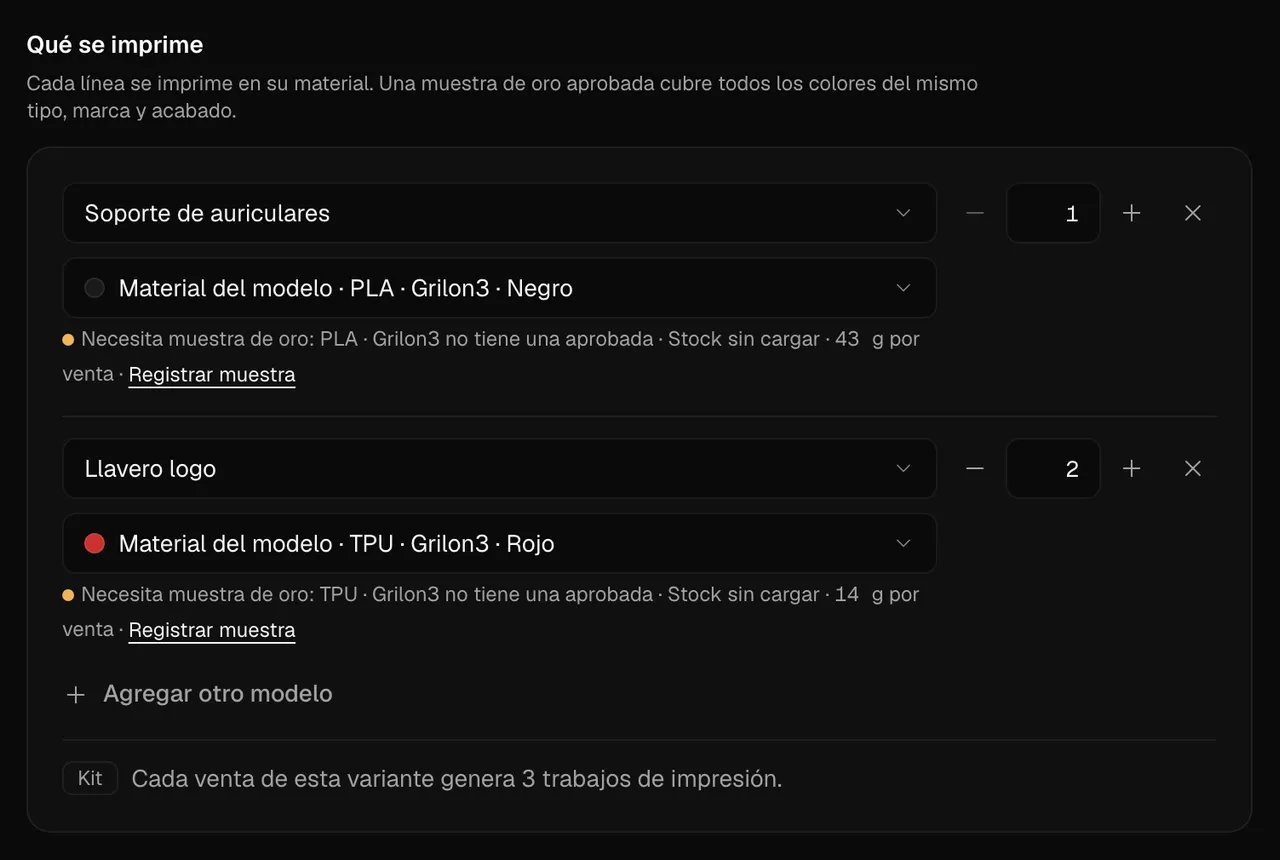 Una variante de la tienda mapeada a dos modelos, uno de ellos dos veces: cada venta genera tres trabajos de impresión.