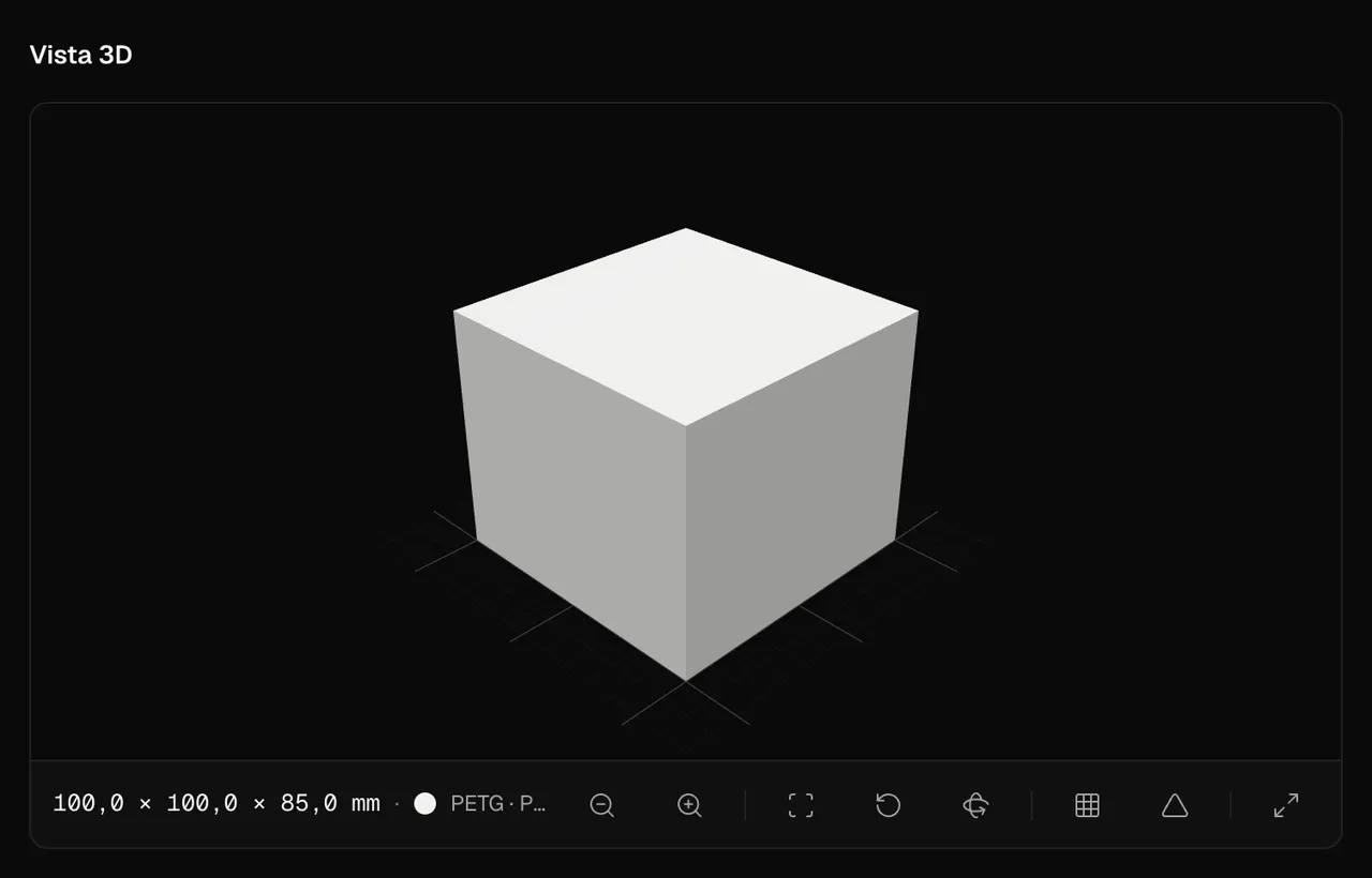 El visor 3D de la app con un modelo, sus medidas en milímetros y su material.