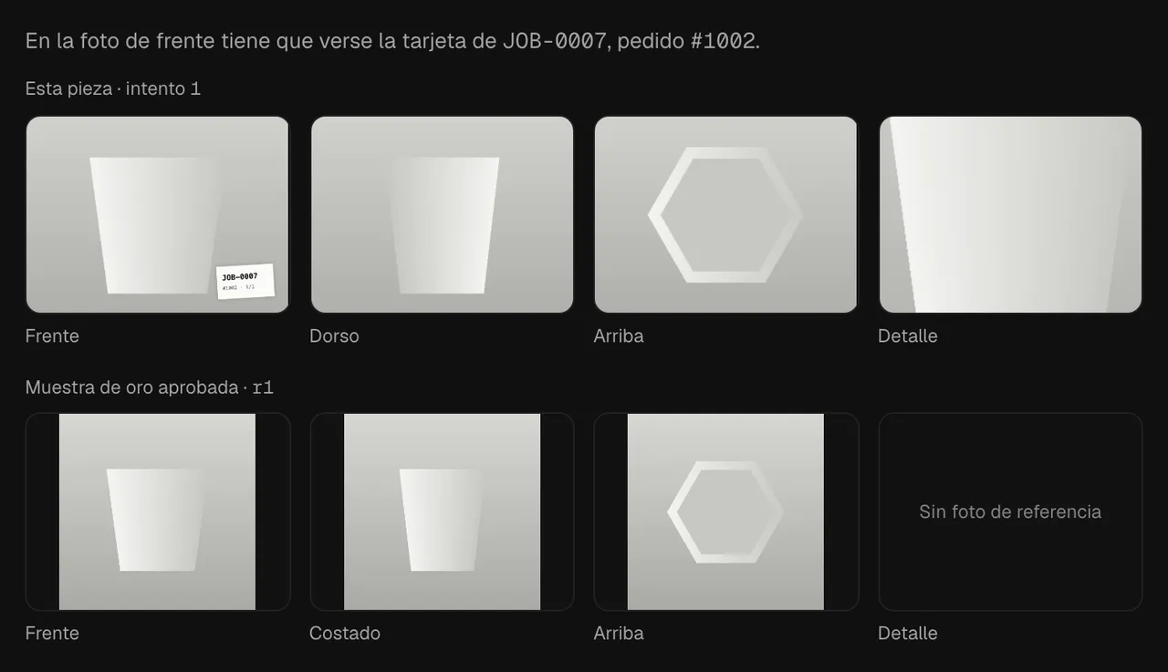 La revisión de calidad de una pieza: las fotos desde cada ángulo junto a la muestra de oro.