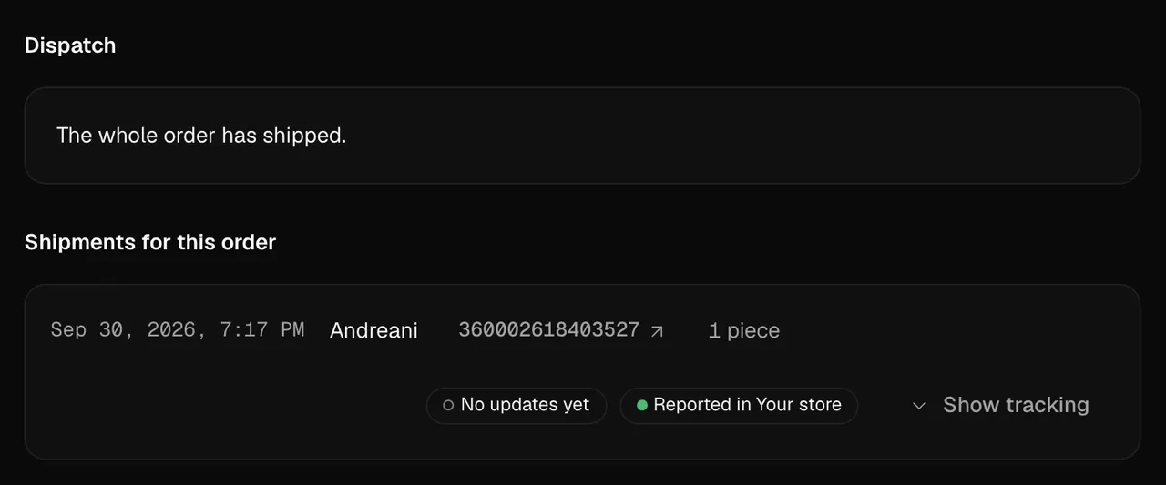 An order's dispatch with the carrier and the tracking number.