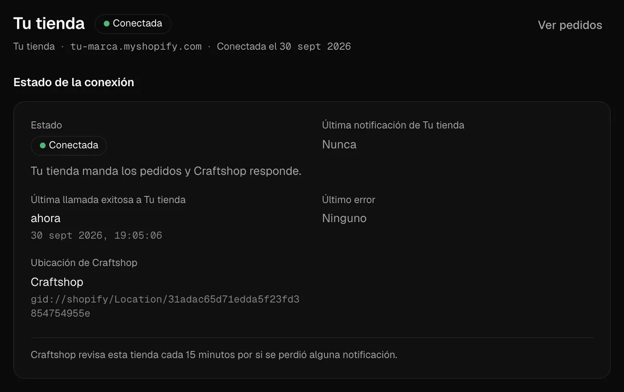 La tienda Shopify tu-marca.myshopify.com conectada a Craftshop como servicio de fulfillment.